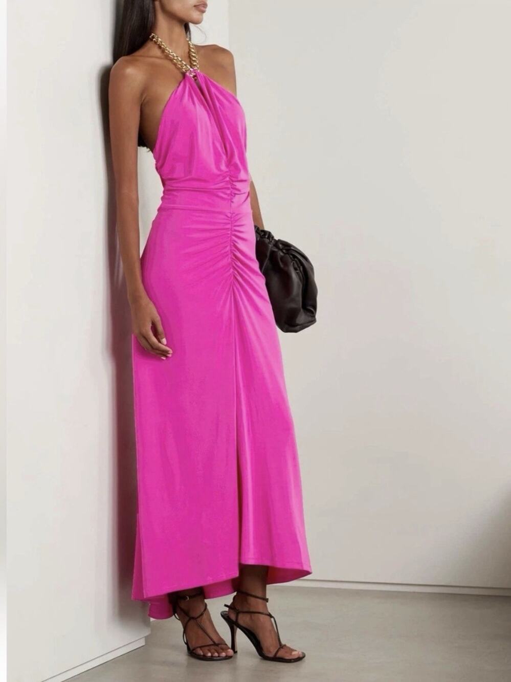 Veronica Beard Women's Reze Pink Dress Gold Chain Ruched Maxi Dress Small
